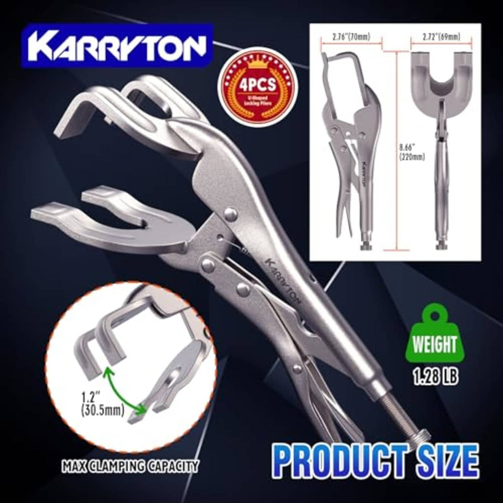 KARRYTON 4-piece U-shaped locking pliers with product size overview, adjustable jaws