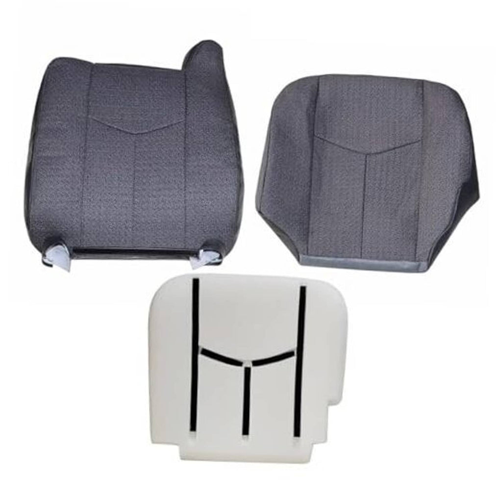 Front driver side replacement seat covers set: dark gray fabric back and base with light foam piece