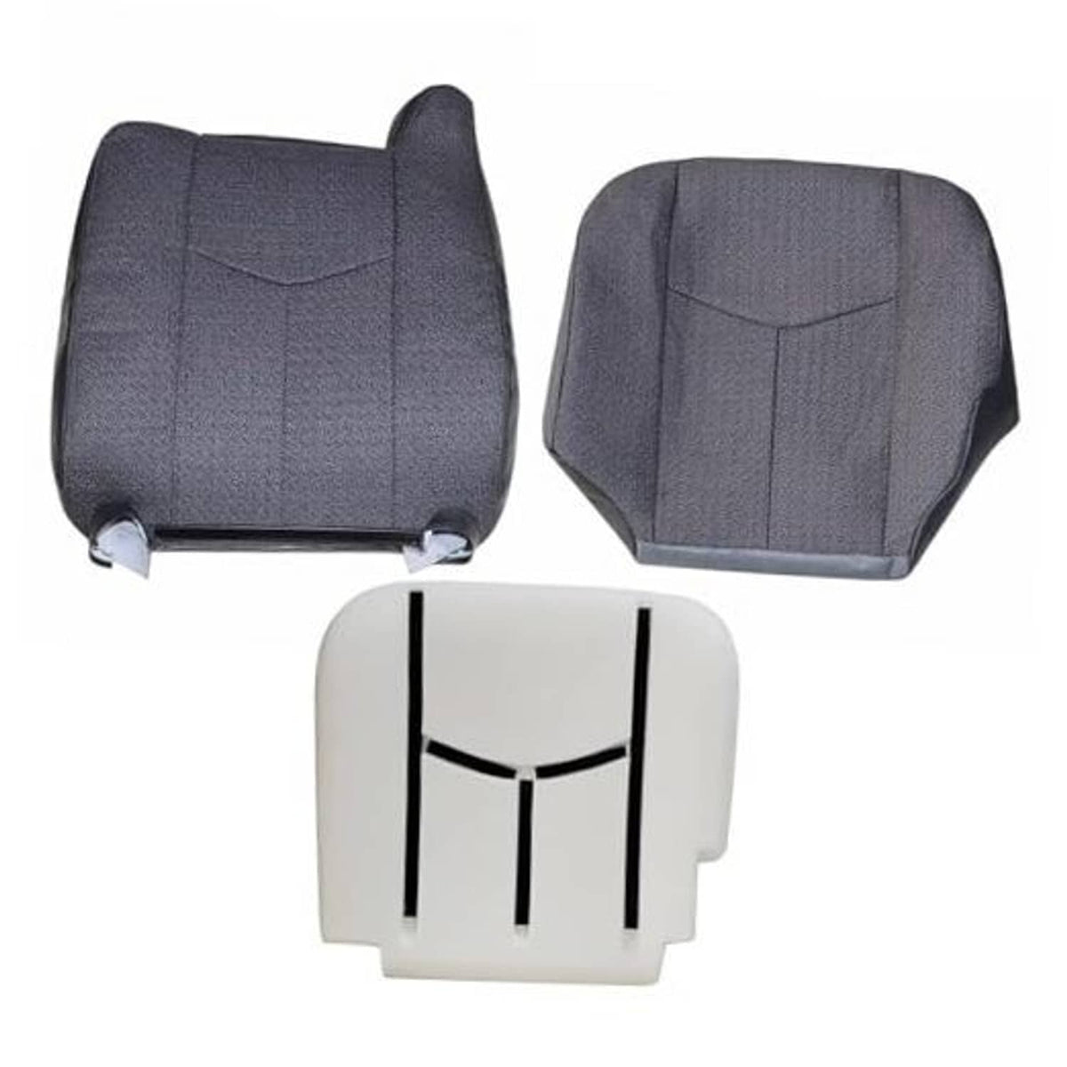 Front driver side replacement seat covers set: dark gray fabric back and base with light foam piece