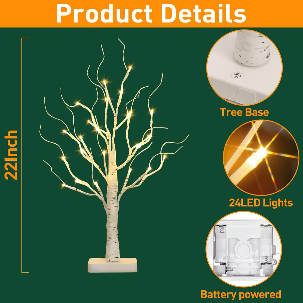 22in birch LED tree with 24 warm white LEDs, battery powered, on tree base