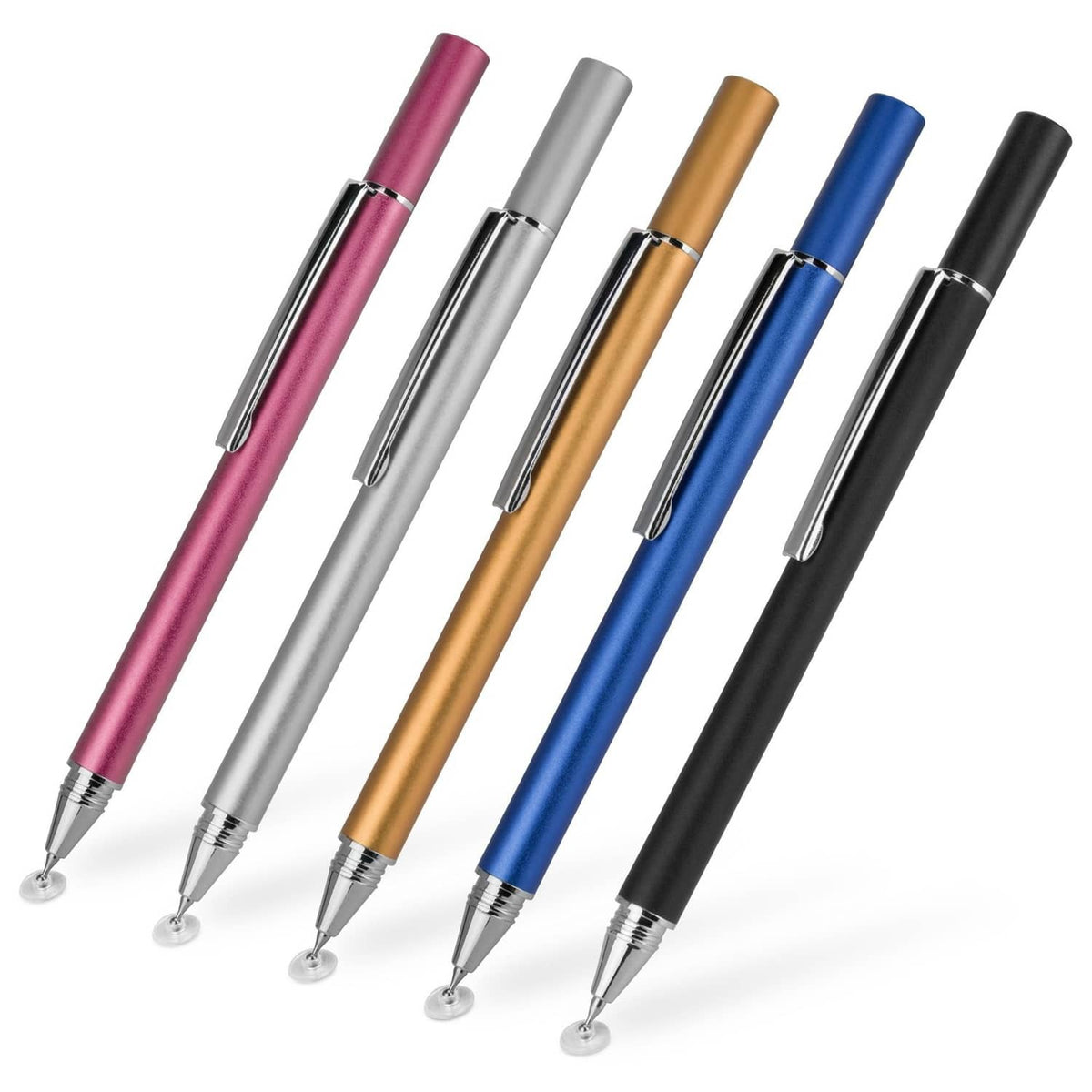 Five color stylus pen set with FinePoint tips: pink, silver, gold, blue, black