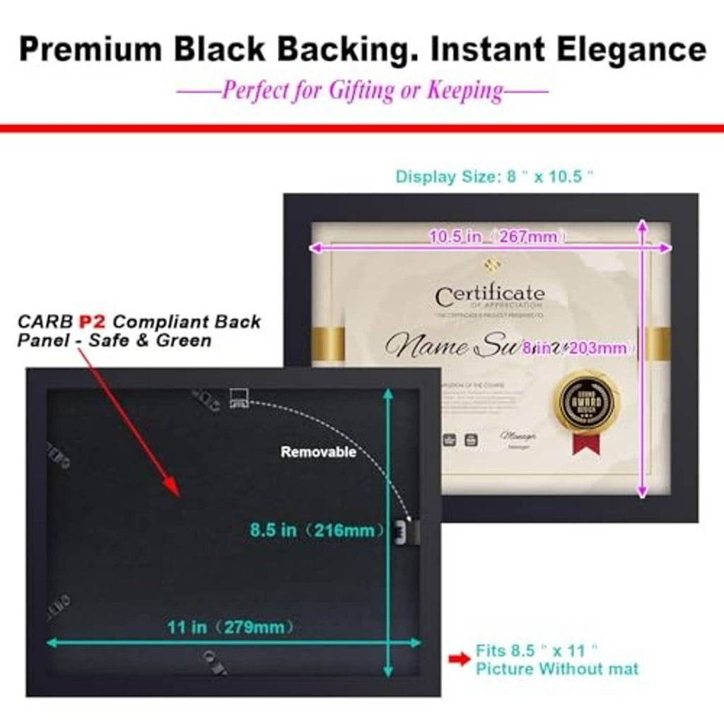Black solid wood certificate frame with removable backing and clear glass cover
