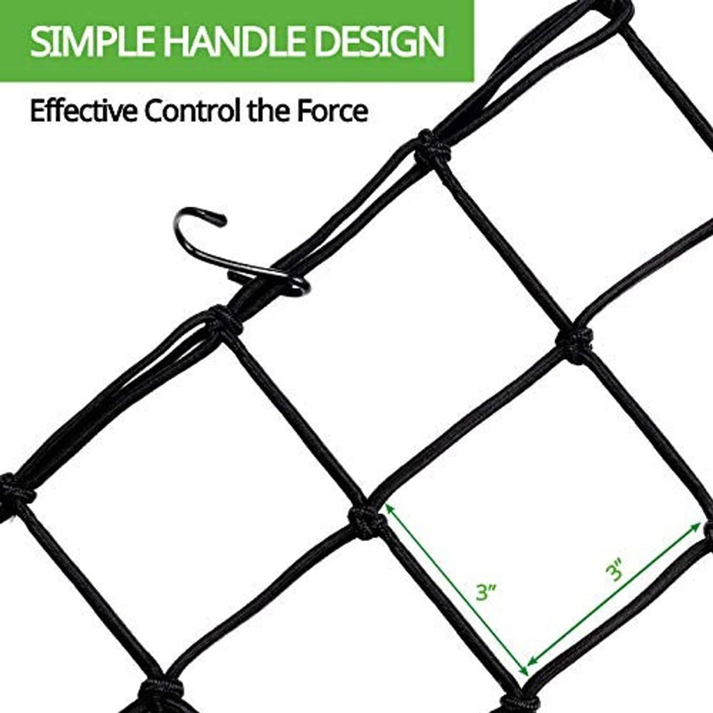 Black square-grid trellis netting with tied intersections and elastic cords