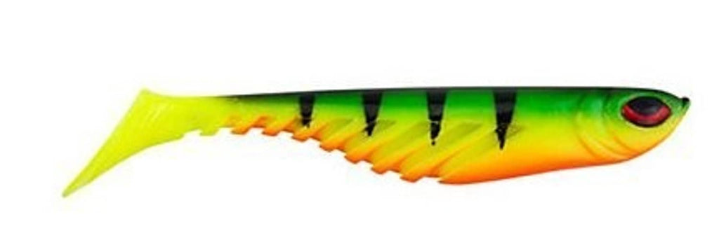 Soft plastic shad fishing bait, orange-red belly with green-blue top and red eye