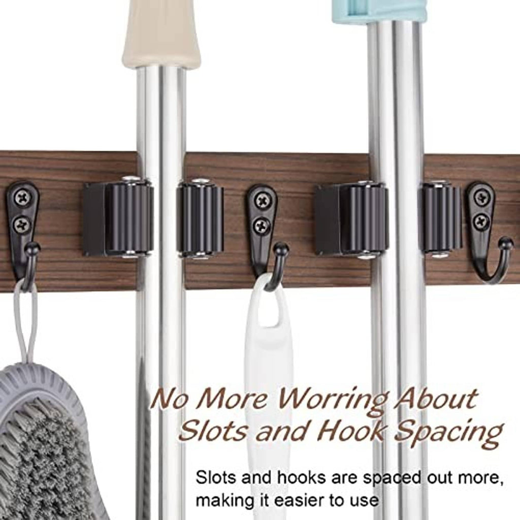 Wall-mounted mop and broom holder with wooden rail and evenly spaced hanging hooks