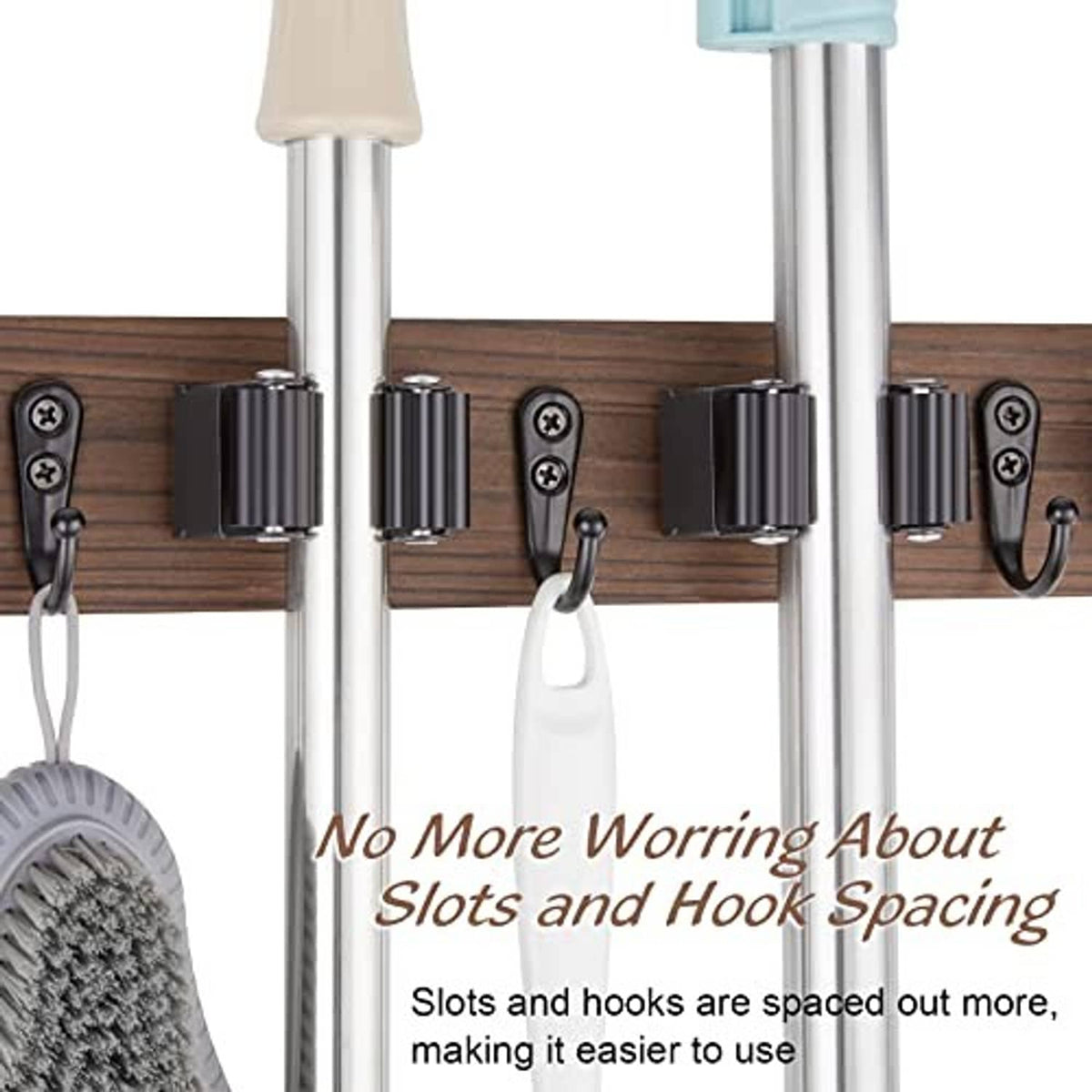 Wall-mounted mop and broom holder with wooden rail and evenly spaced hanging hooks