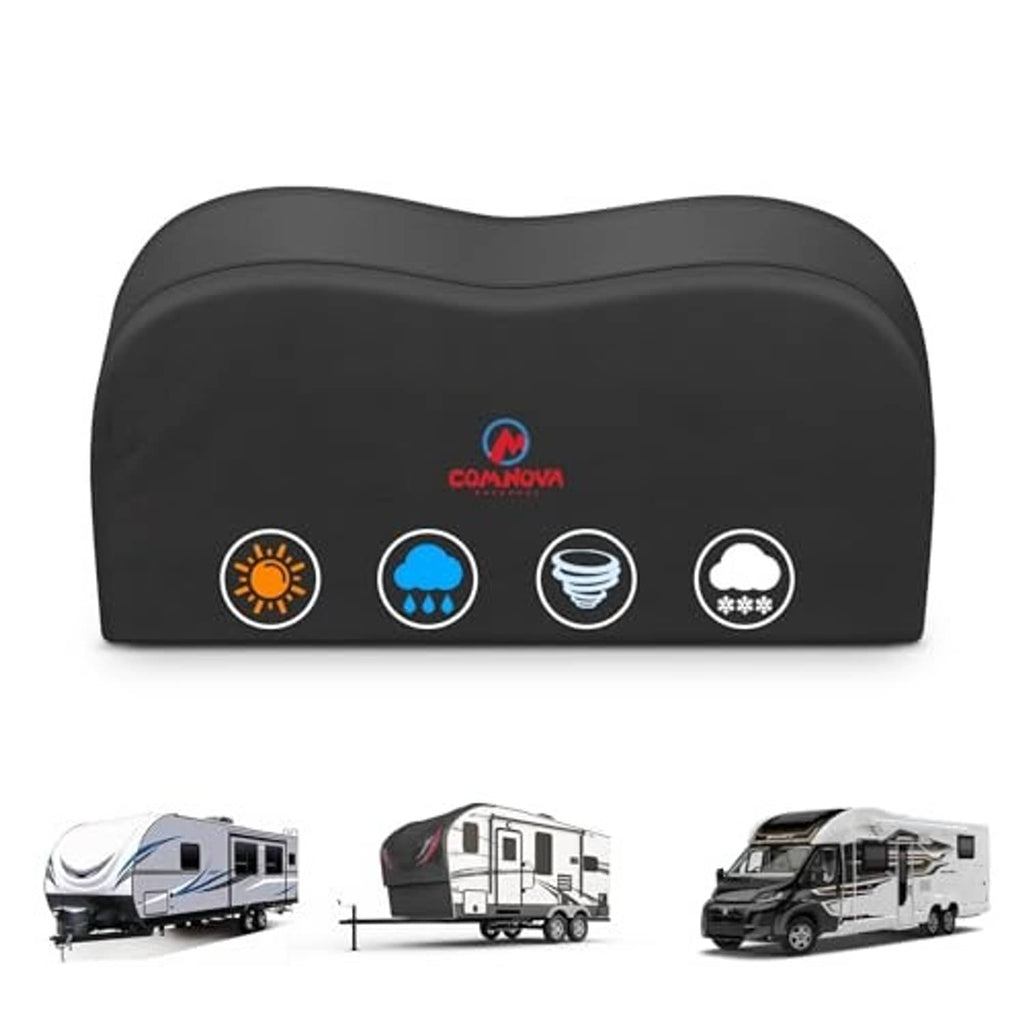 Black dual axle RV tire cover front view with COMNOVA logo and icon set