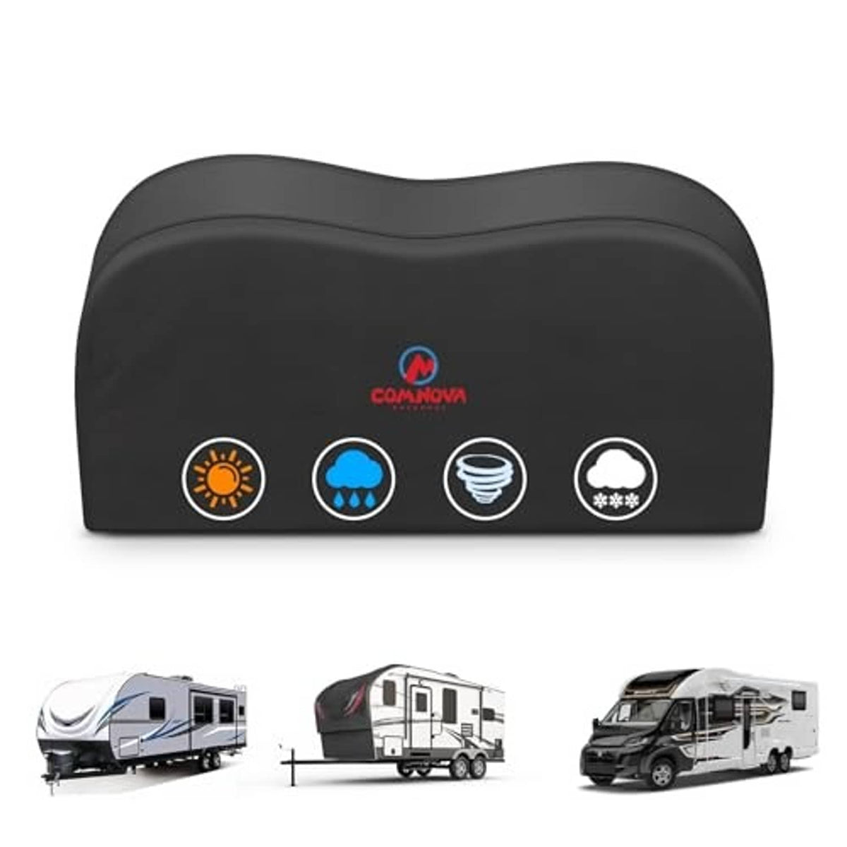 Black dual axle RV tire cover front view with COMNOVA logo and icon set