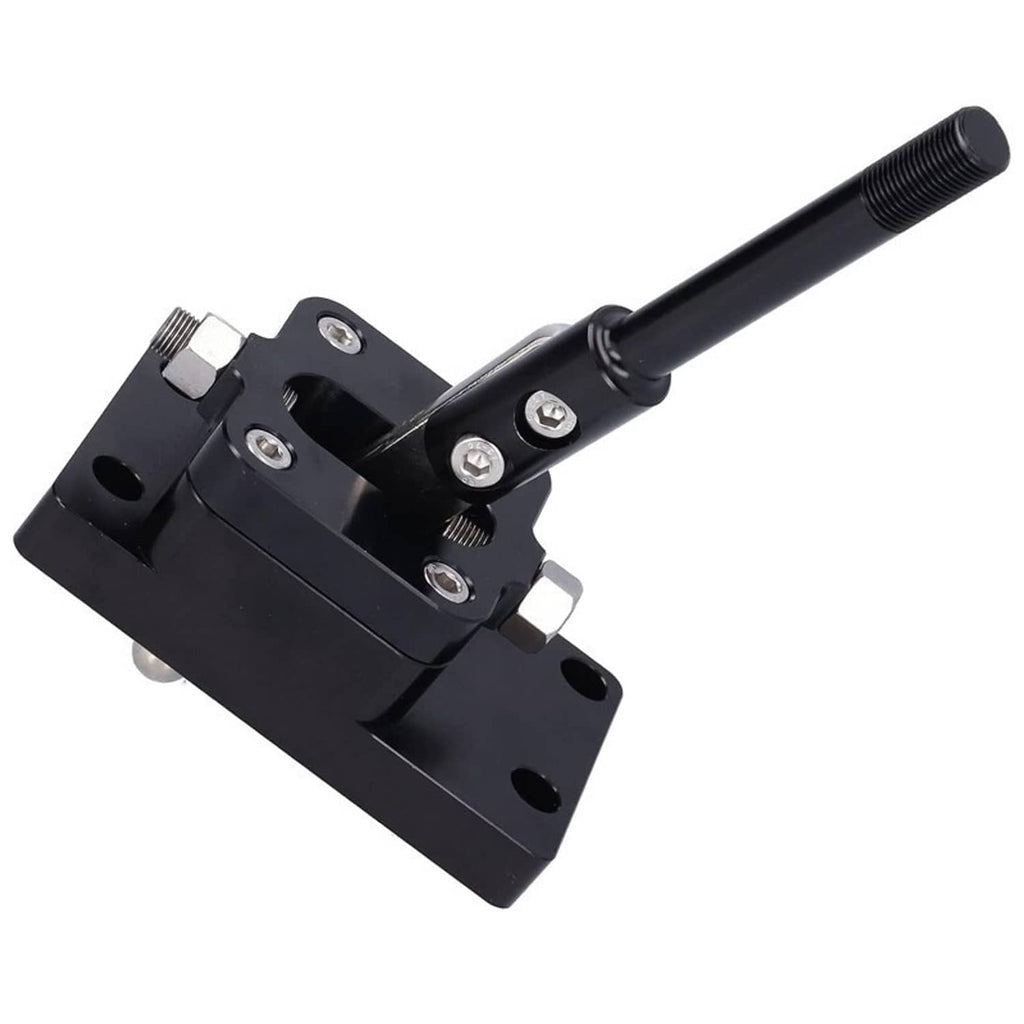 Angled view of black billet short throw shifter with threaded lever and mounting plate