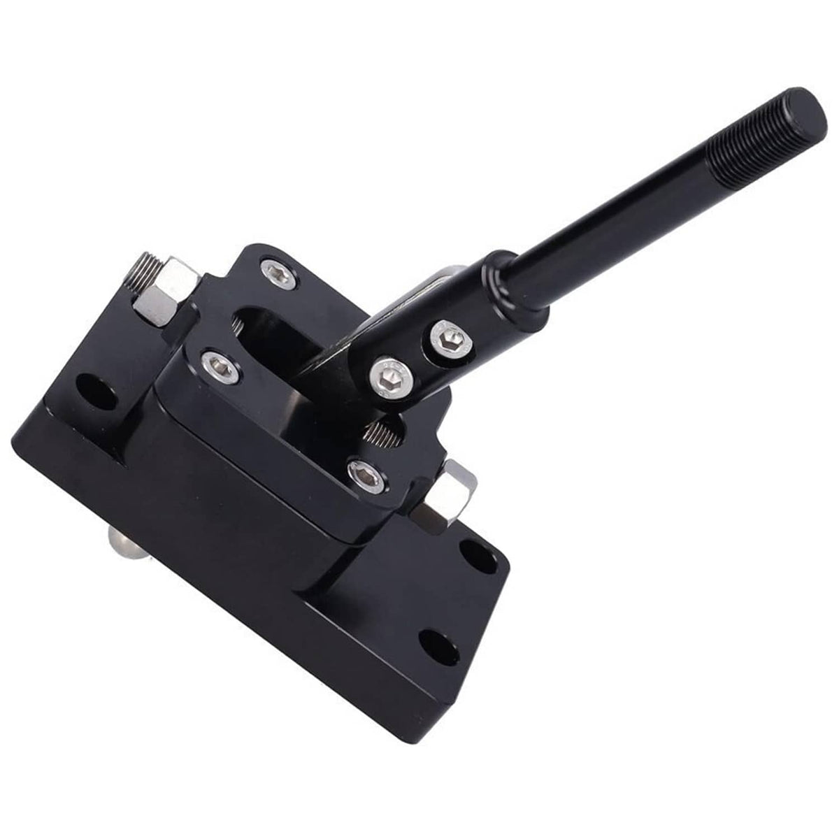 Angled view of black billet short throw shifter with threaded lever and mounting plate