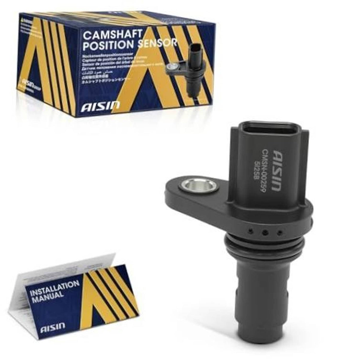Camshaft position sensor with black plastic housing, metal terminal, and Aisin branding