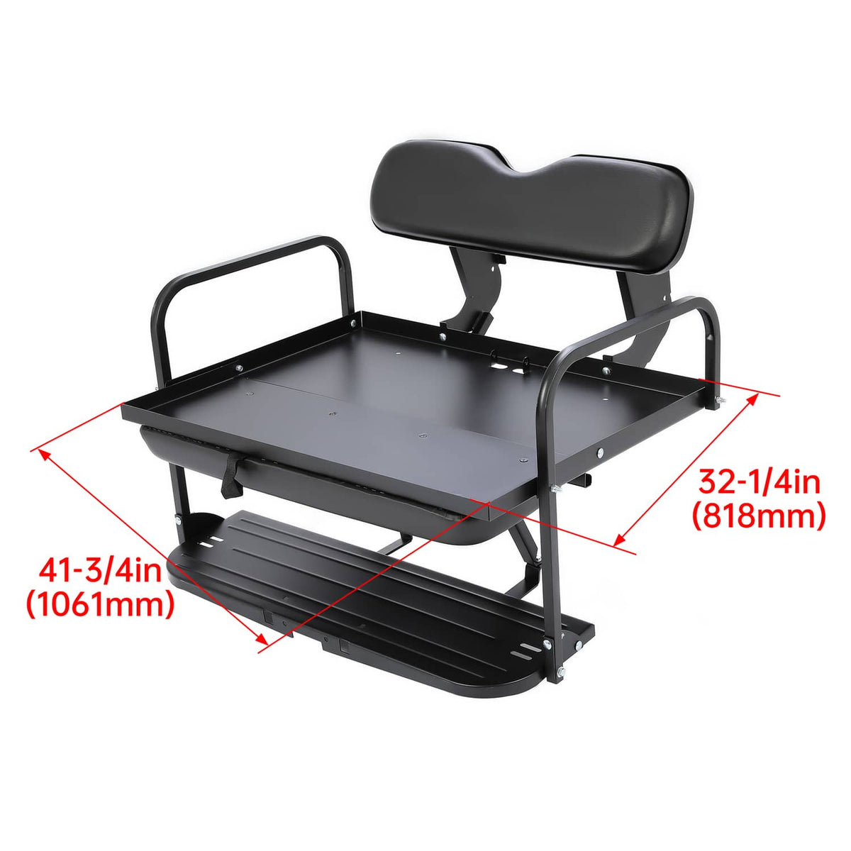 Black foldable rear seat kit with contoured backrest cushion and metal footplate