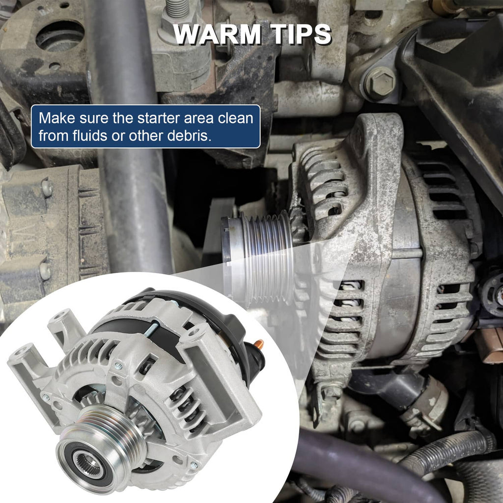 Automotive alternator unit shown near engine components, silver body and belt pulley