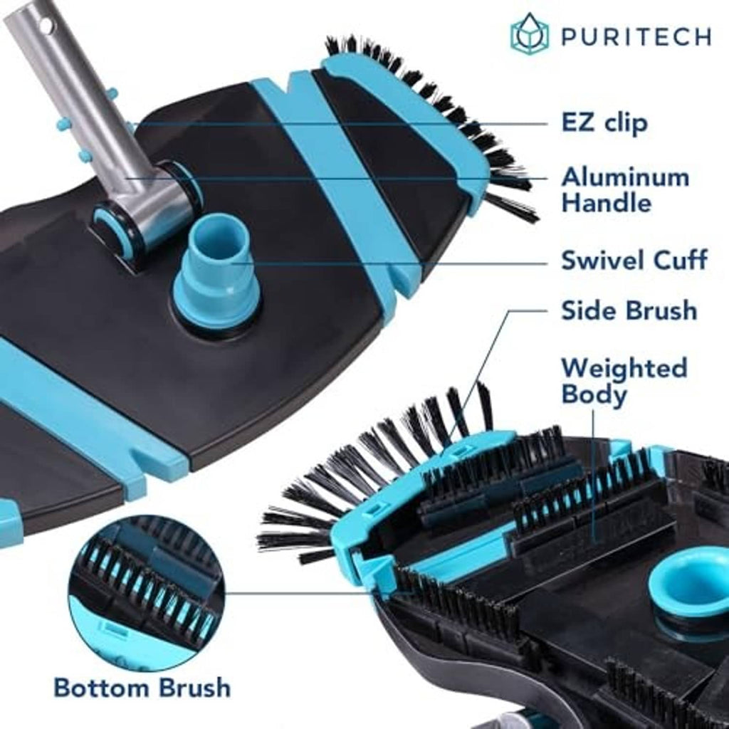 Rectangular pool vacuum head with aluminum handle, swivel cuff, side and bottom brushes