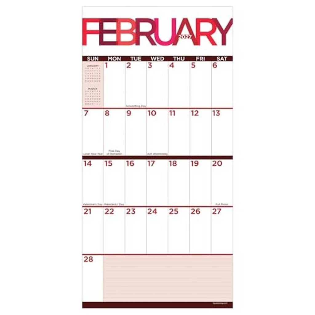 February 2027 monthly calendar page with red header and date grid