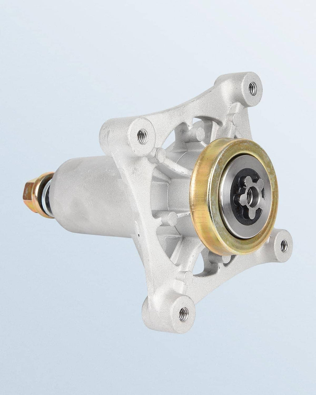 Silver lawn mower spindle housing with gold bushing and black star coupler insert.