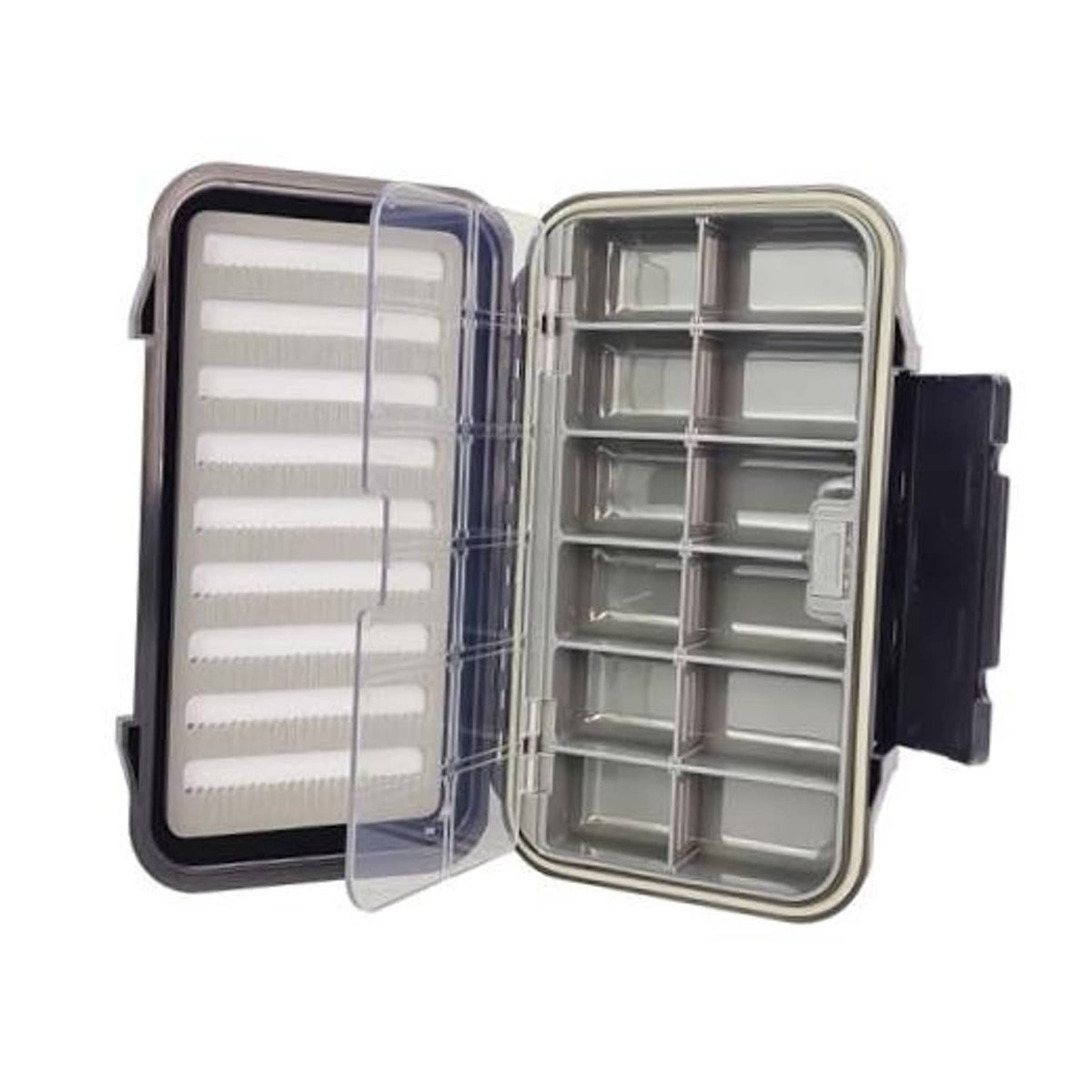 Waterproof fly fishing tackle box with clear inner compartments and open hinged lid