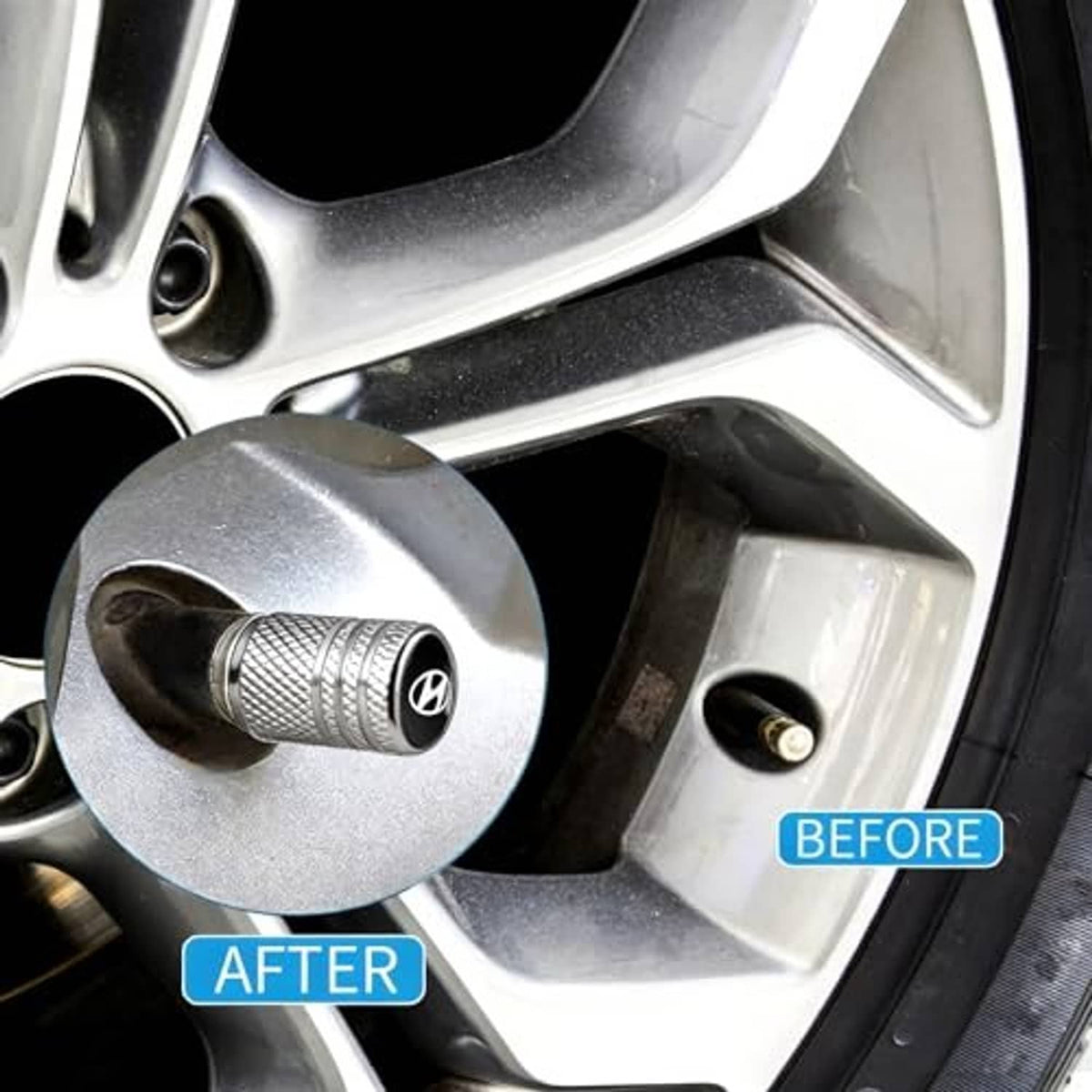 Silver textured tire valve stem cap installed on a car wheel rim valve stem opening.