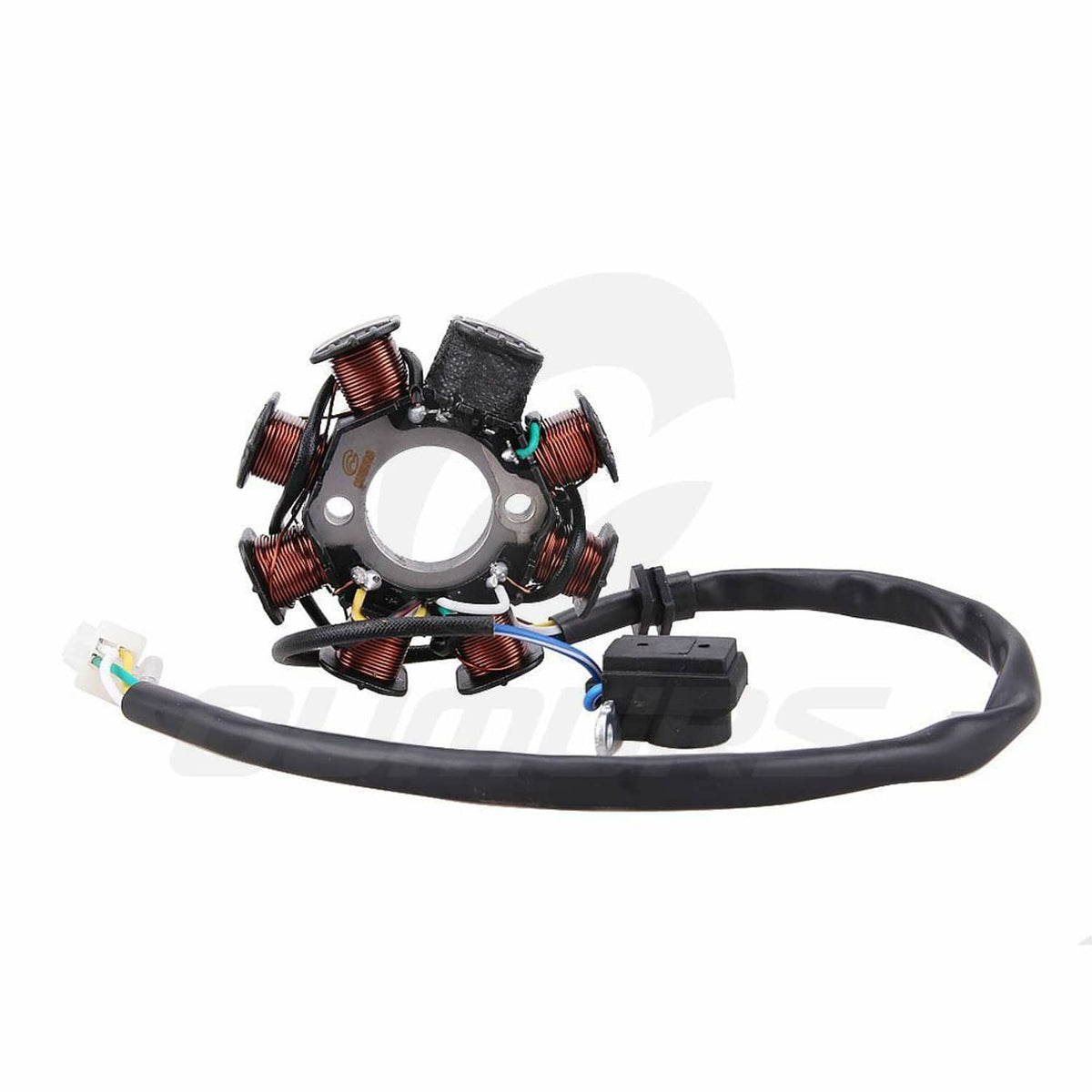 8-pole magneto stator with copper coils and black wire harness with plug ends