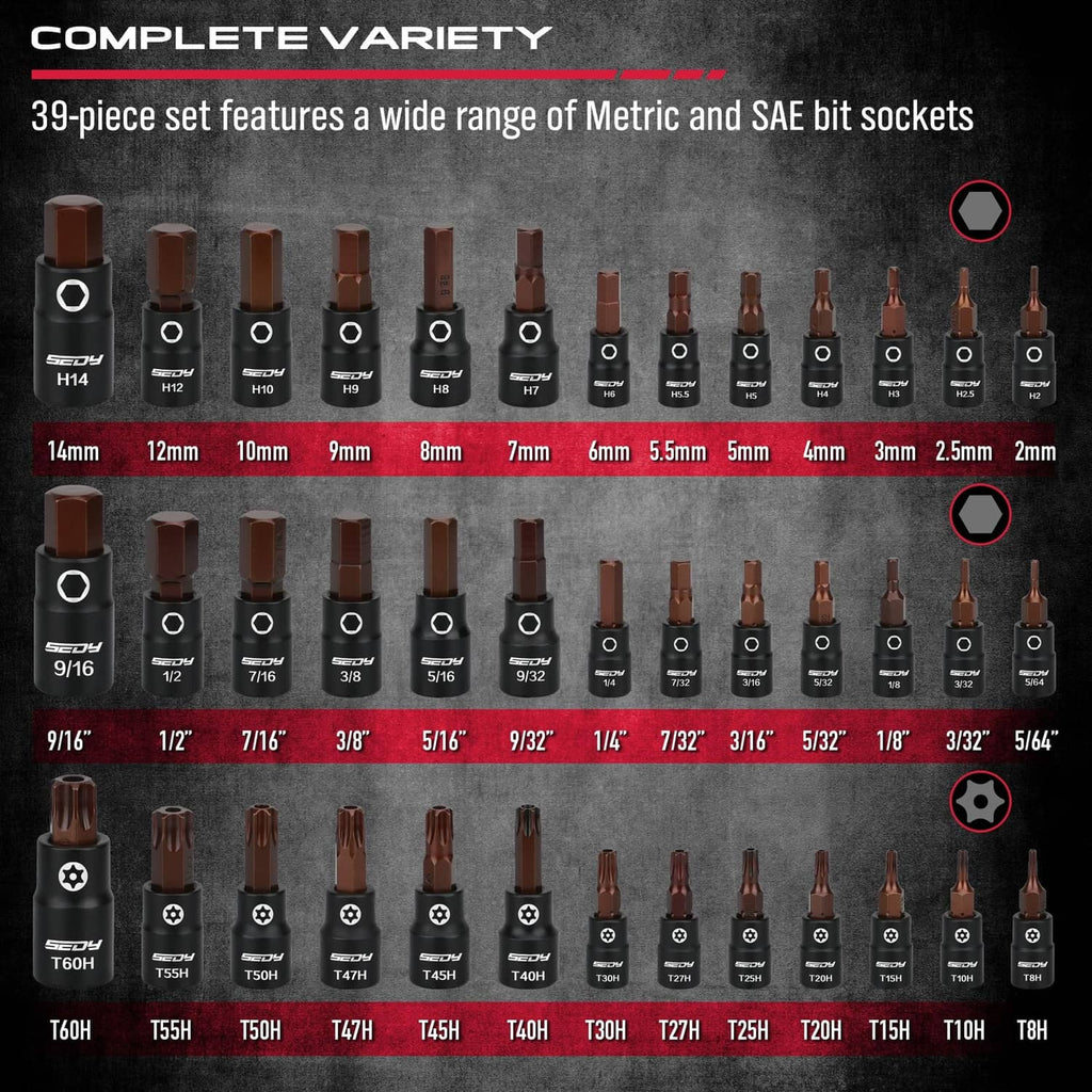 Assorted SAE and metric bit sockets with dark metal ends and printed size labels