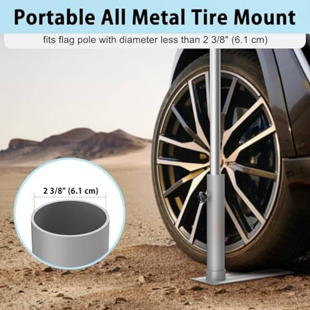 Tire-mount flag pole base with silver post and slotted plate, positioned by a car wheel