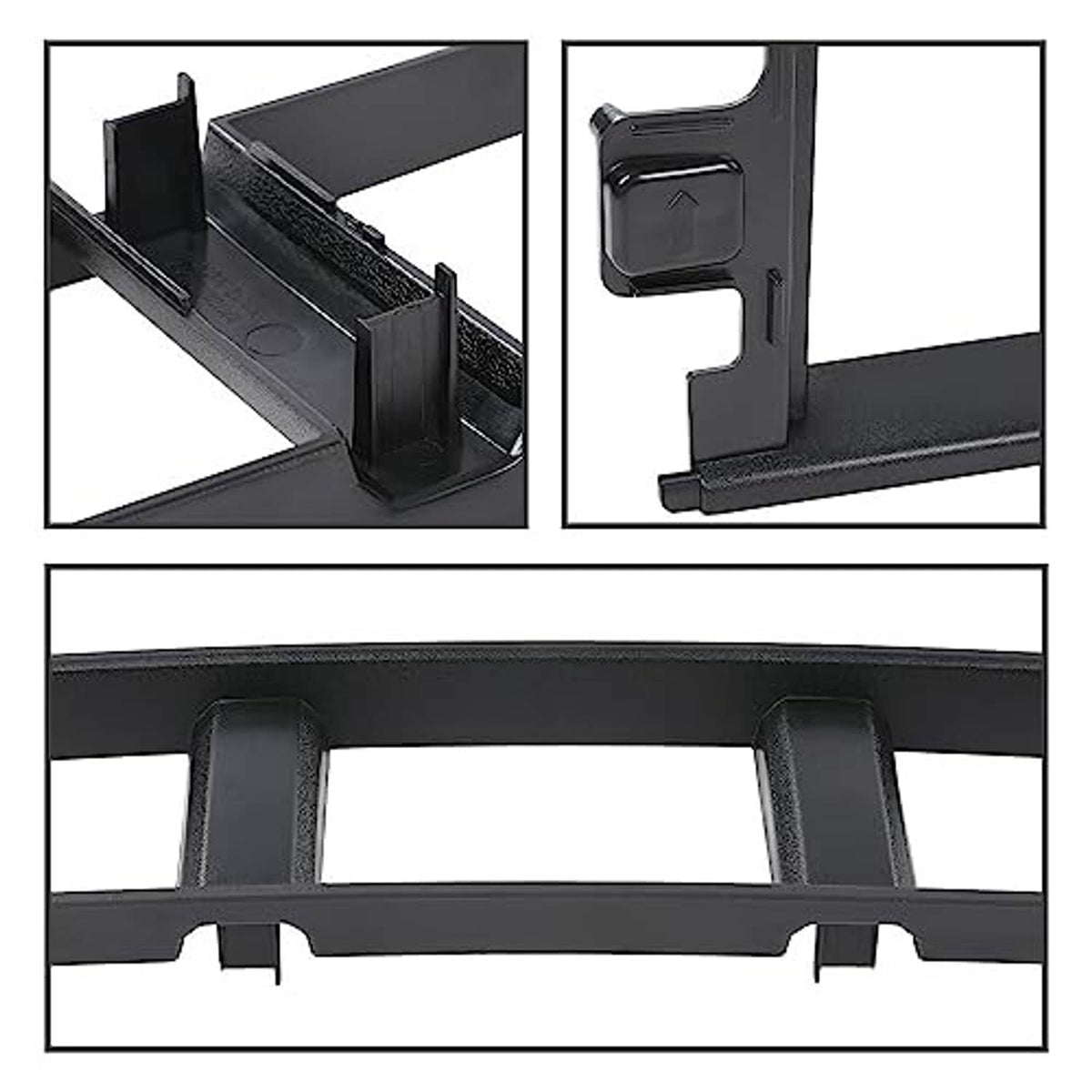 Close-up details of front bumper grille trim panel clips and textured surfaces