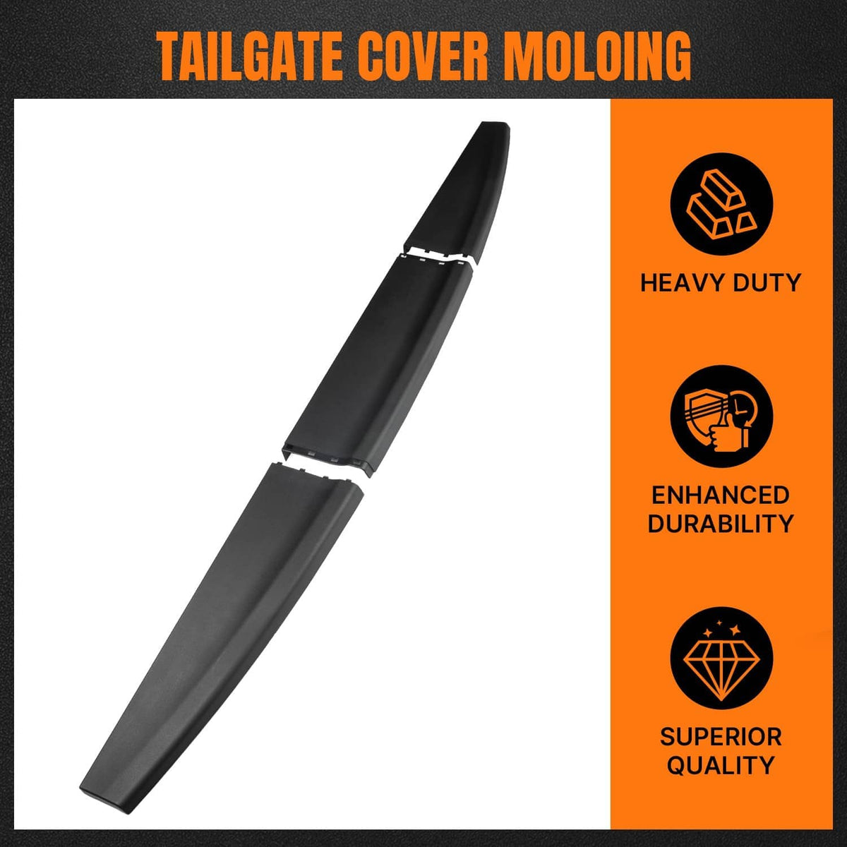Black tailgate cover molding strip with curved ends and mounting channel