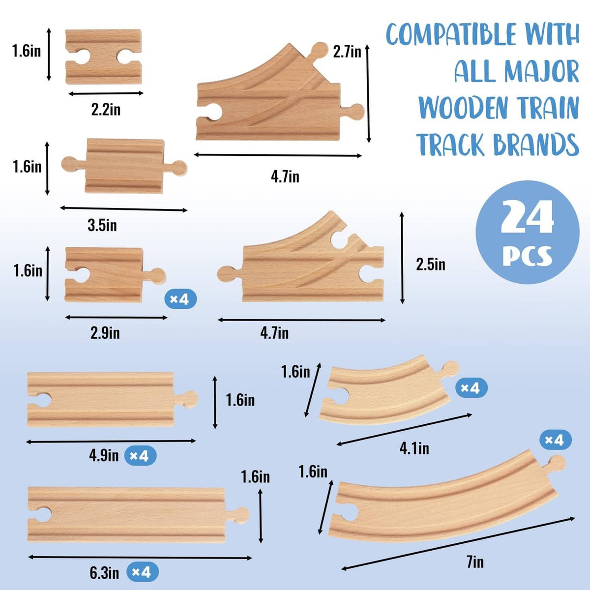 Light wood train track set pieces, straight and curved sections, peg connectors.