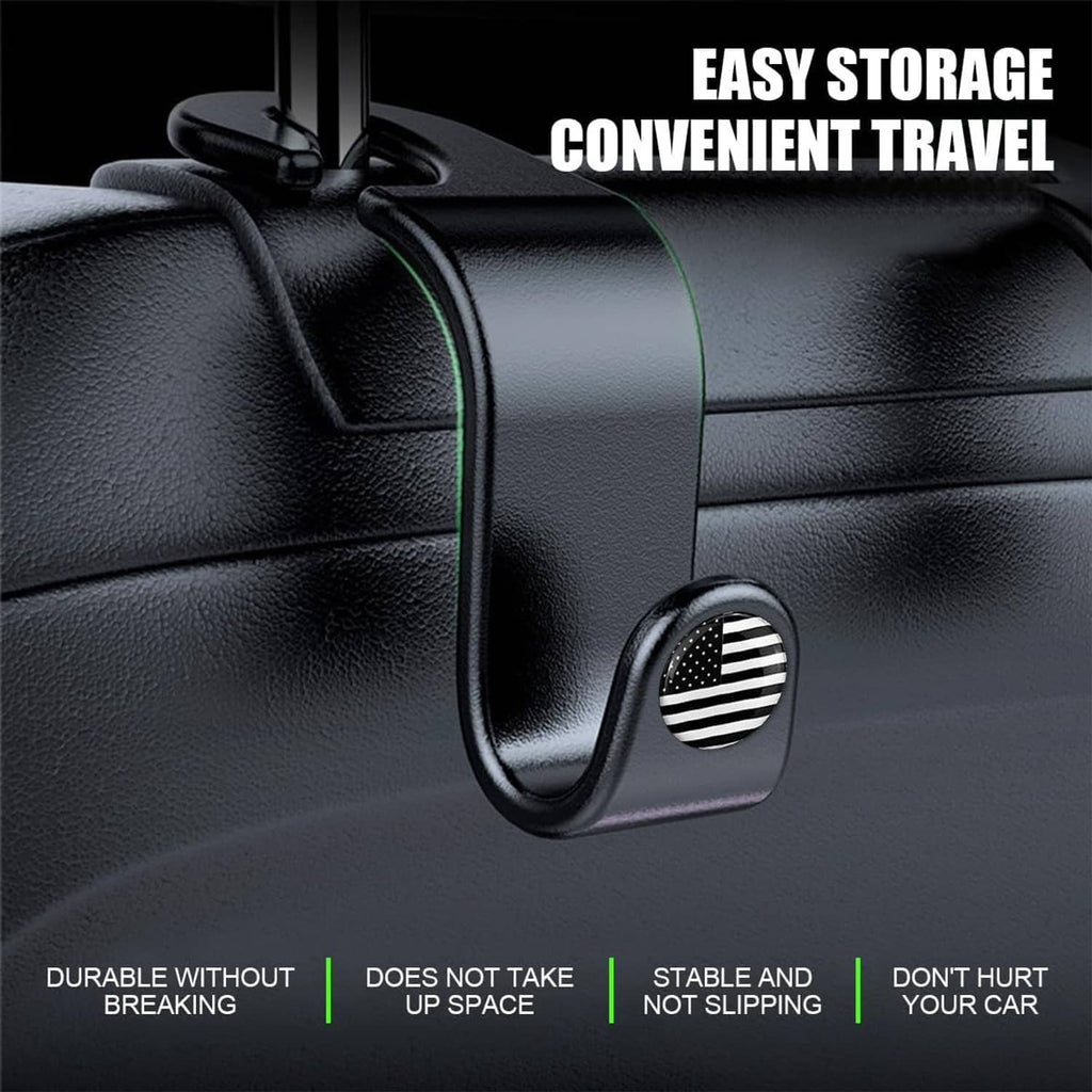 Black headrest hook attached to car seat with curved hanger and vented grip