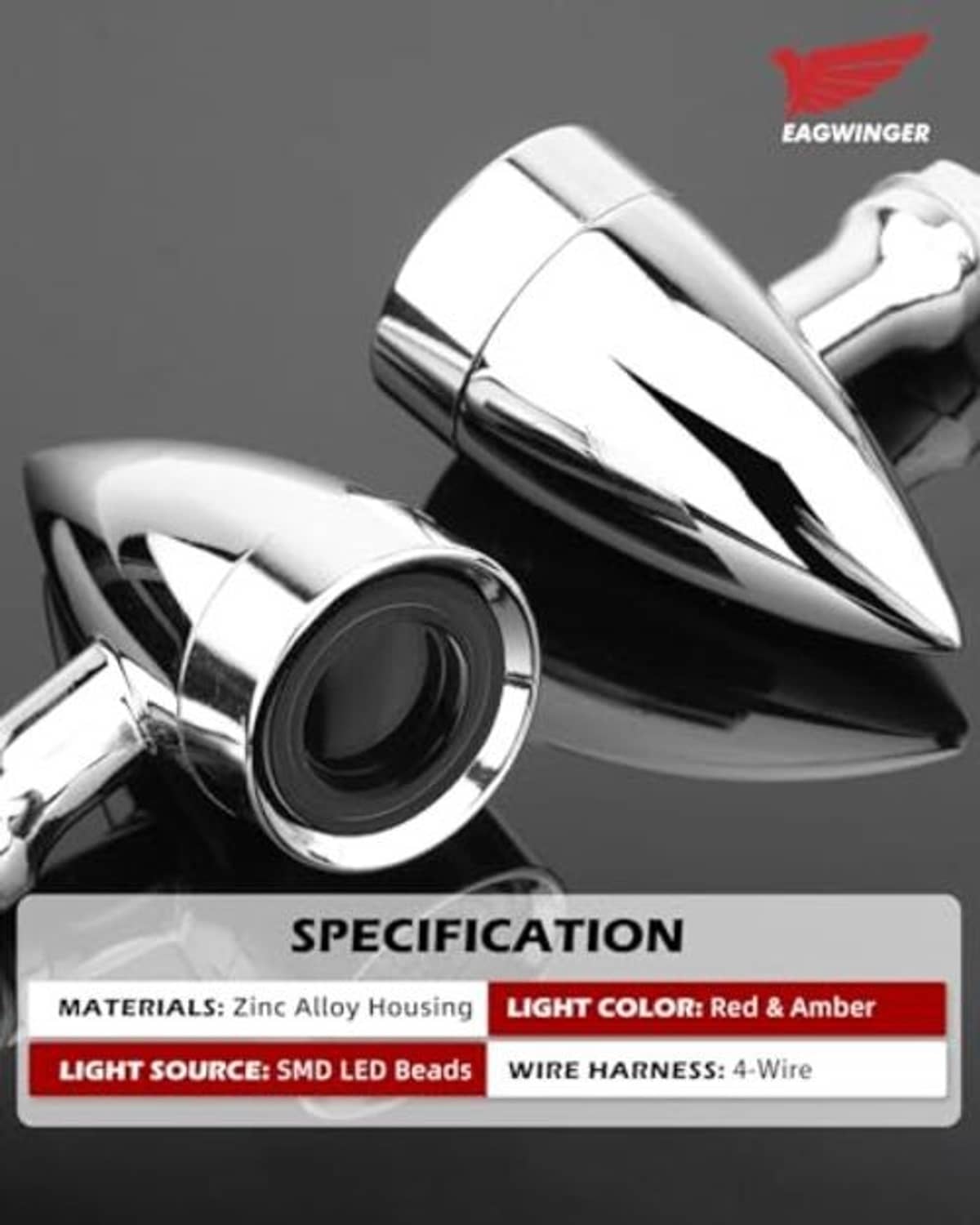 EAGWINGER chrome LED motorcycle turn signals with amber and red lenses and screw threads