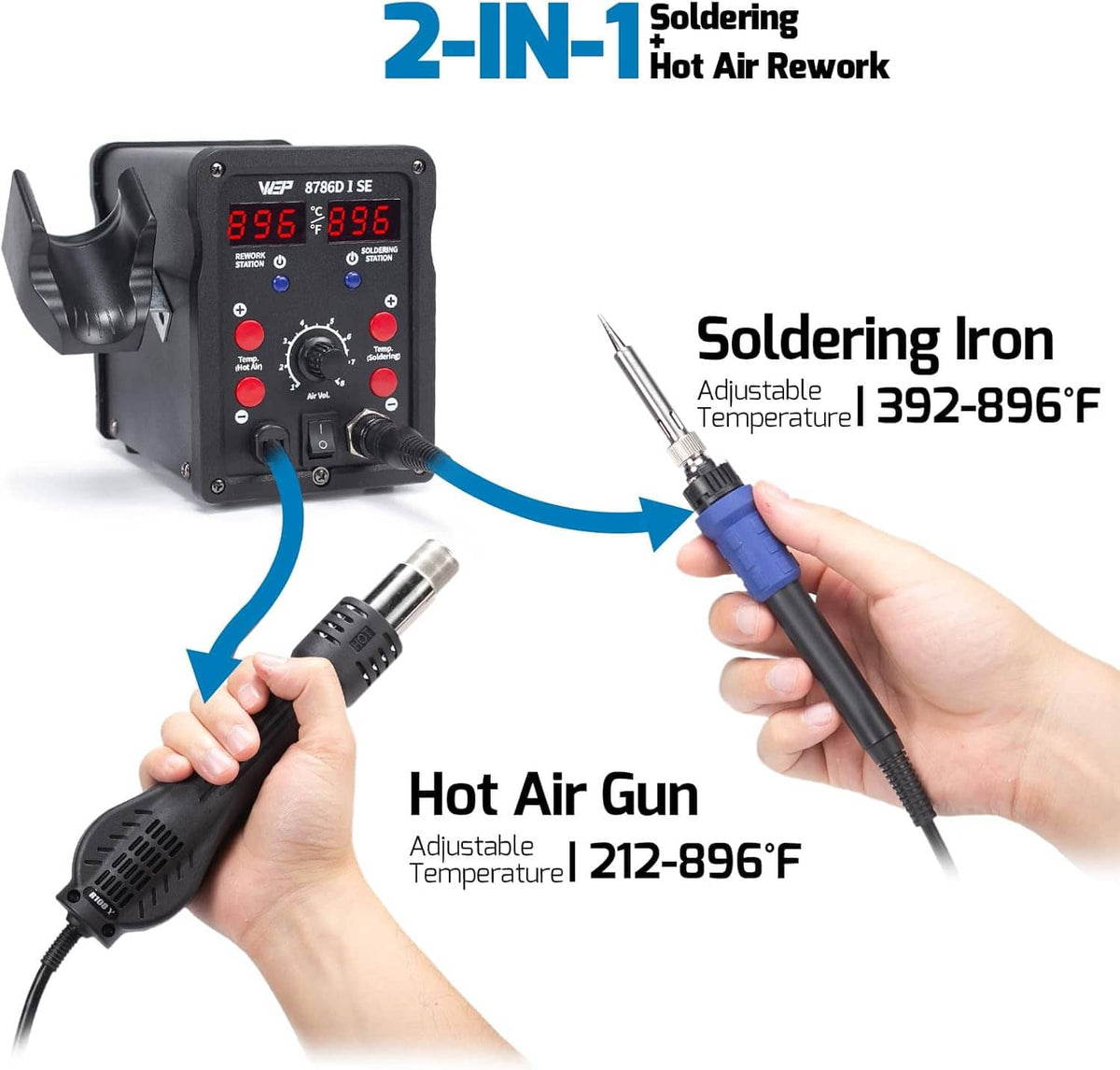 Hot air rework station showing soldering iron and hot air gun hand setup