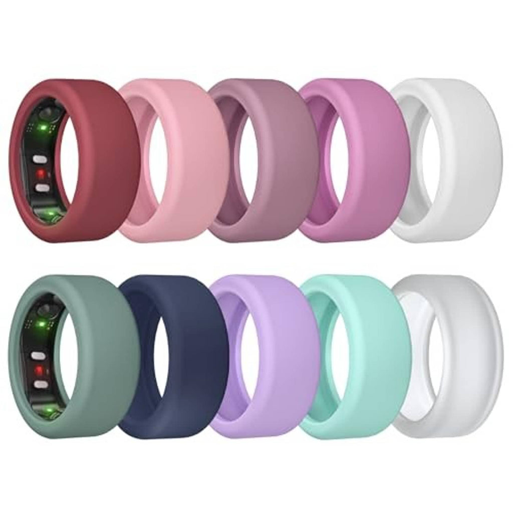 10-pack silicone ring covers in maroon, pink, purple, teal, and white shades
