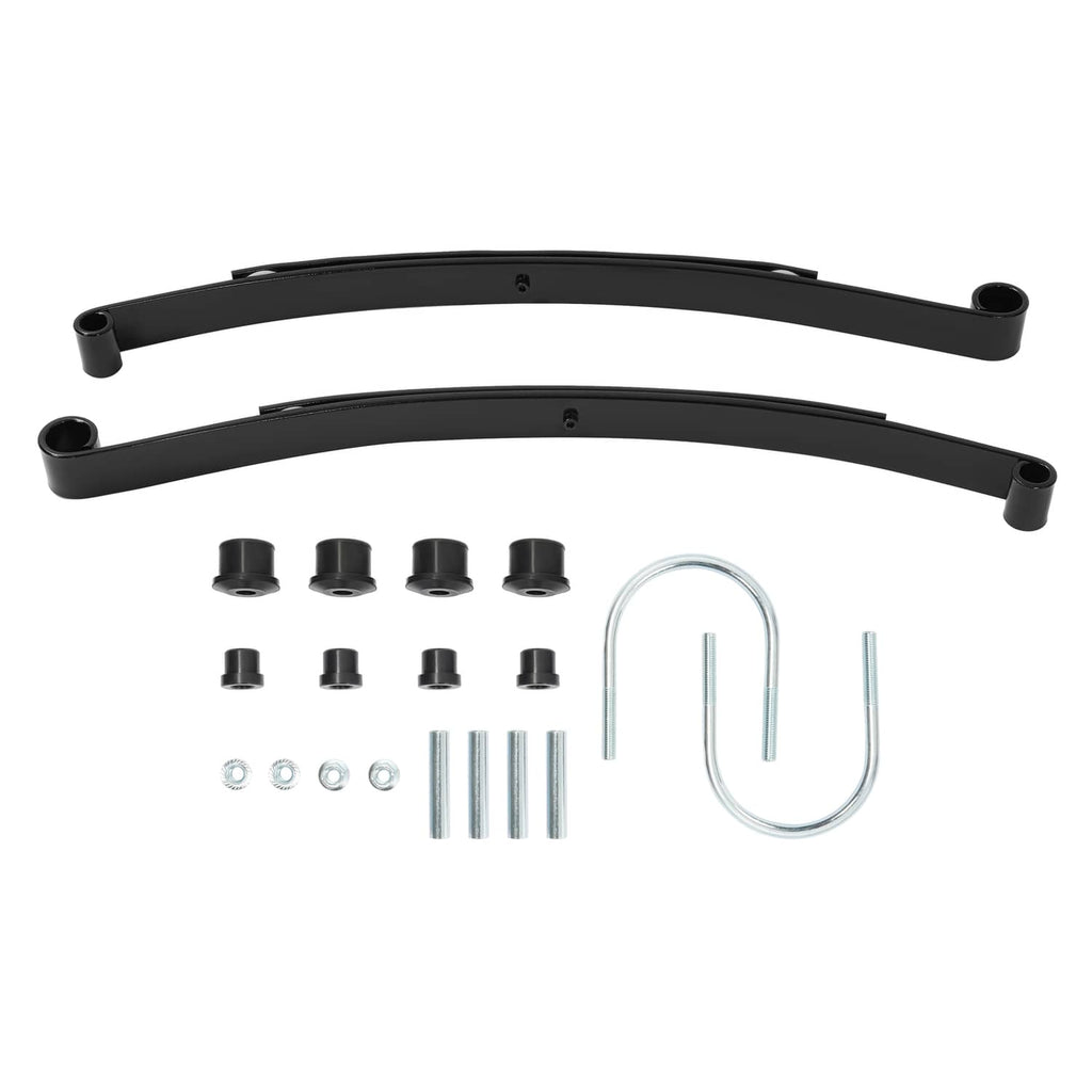 Two black rear leaf springs with bushings, U-bolt, and mounting bolt hardware