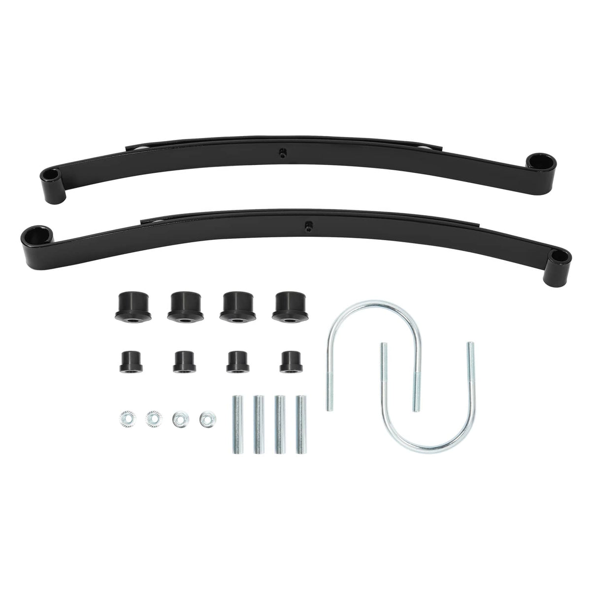 Two black rear leaf springs with bushings, U-bolt, and mounting bolt hardware