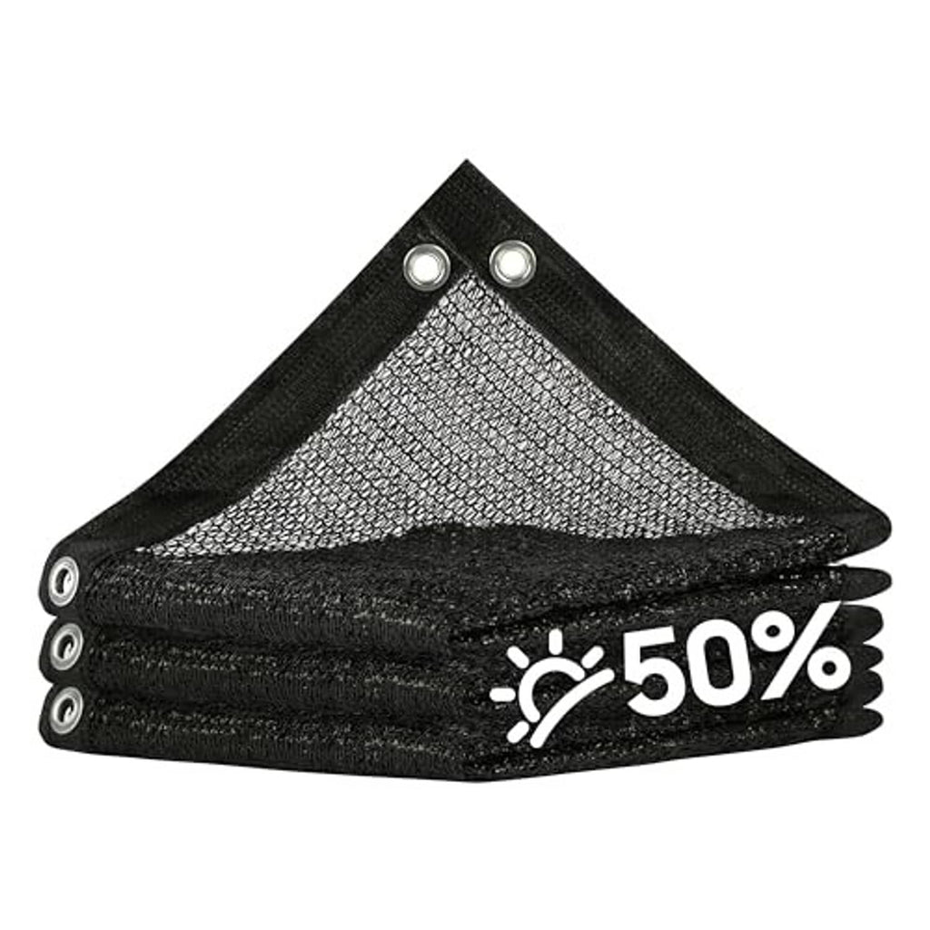 Black 50% shade cloth tarp, folded with reinforced corner grommets
