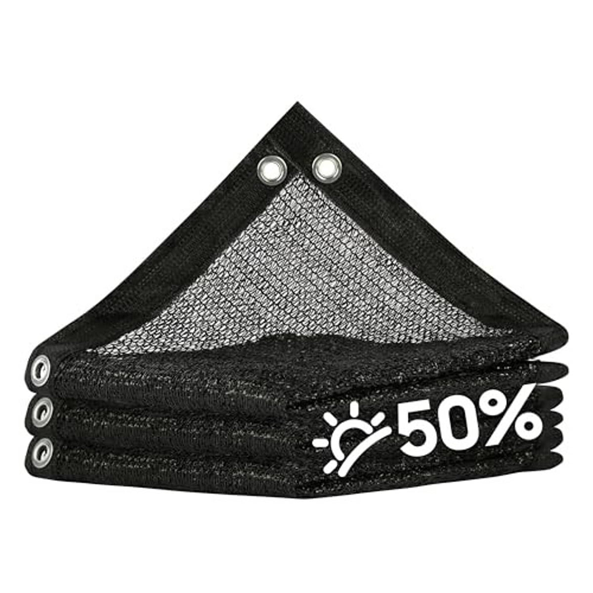 Black 50% shade cloth tarp, folded with reinforced corner grommets