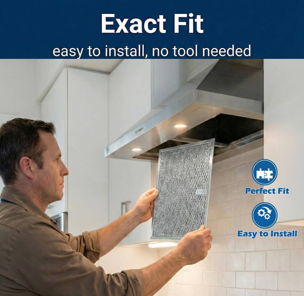 Gray range hood filter held up under hood, showing front mesh panel