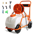Orange and white battery lawn sprayer cart with large tank, hose reel, and wheels