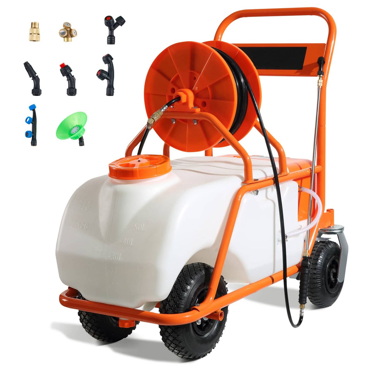 Orange and white battery lawn sprayer cart with large tank, hose reel, and wheels