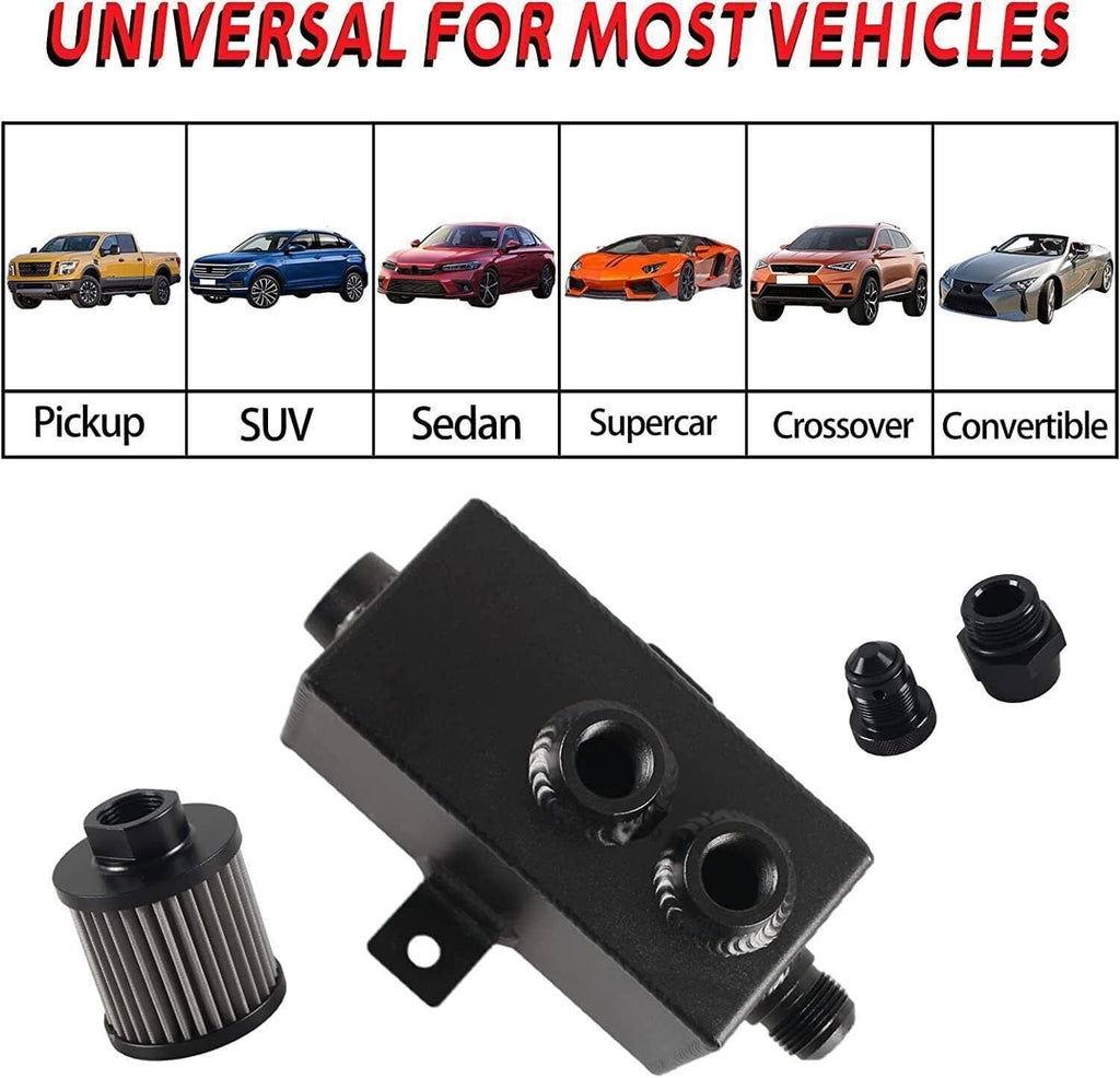 Compact black oil catch can with filter and O-ring sealed inlet/outlet fittings