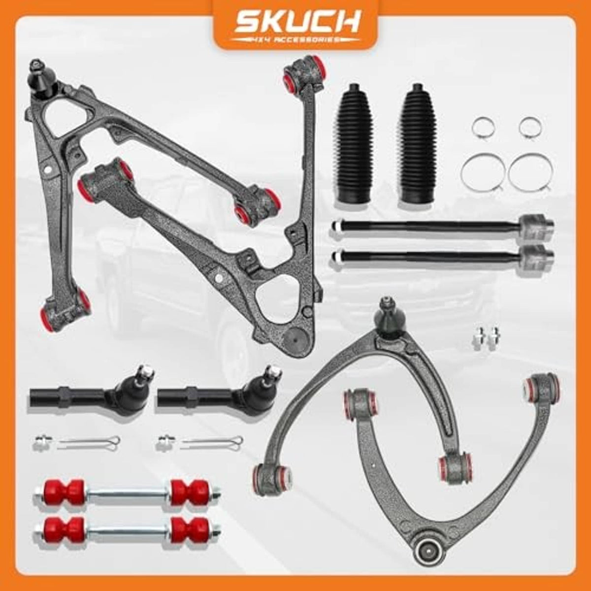 Front control arm suspension kit components set with arms, bushings, bolts, and hardware