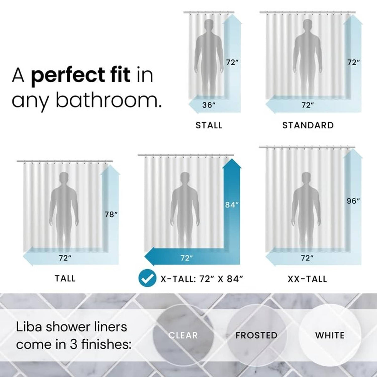 Clear shower curtain liner in 72in x 84in size, grommet top