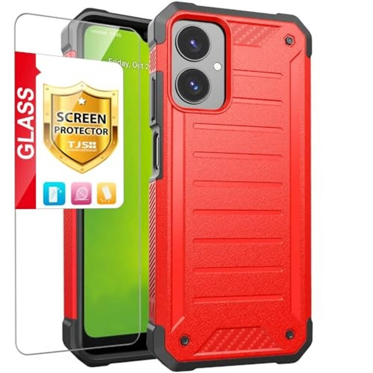 Red rugged phone case with screen protector and dual camera cutouts