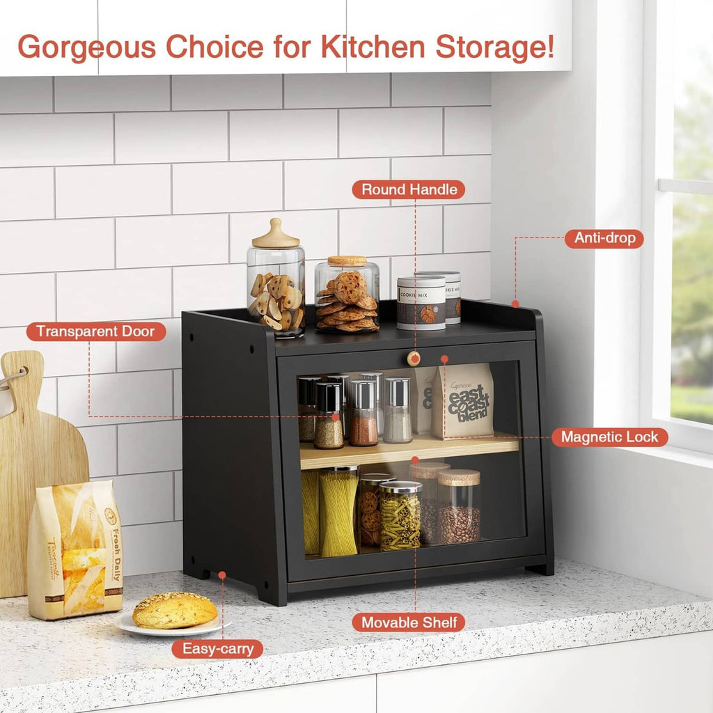 Black bread box with transparent door, magnetic lock, and movable shelf for storage