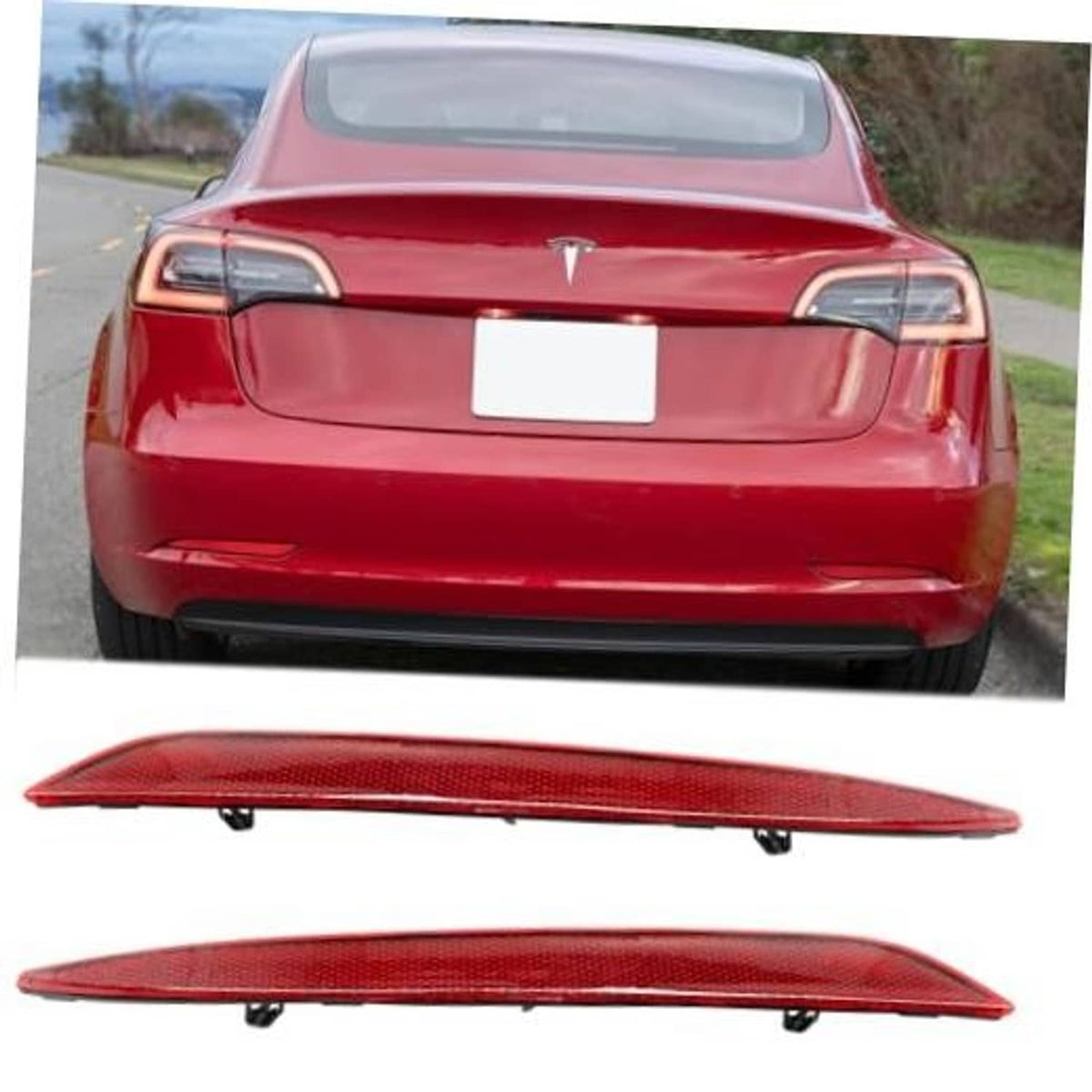 Red rear bumper reflector for Tesla Model 3, mounted on the back bumper