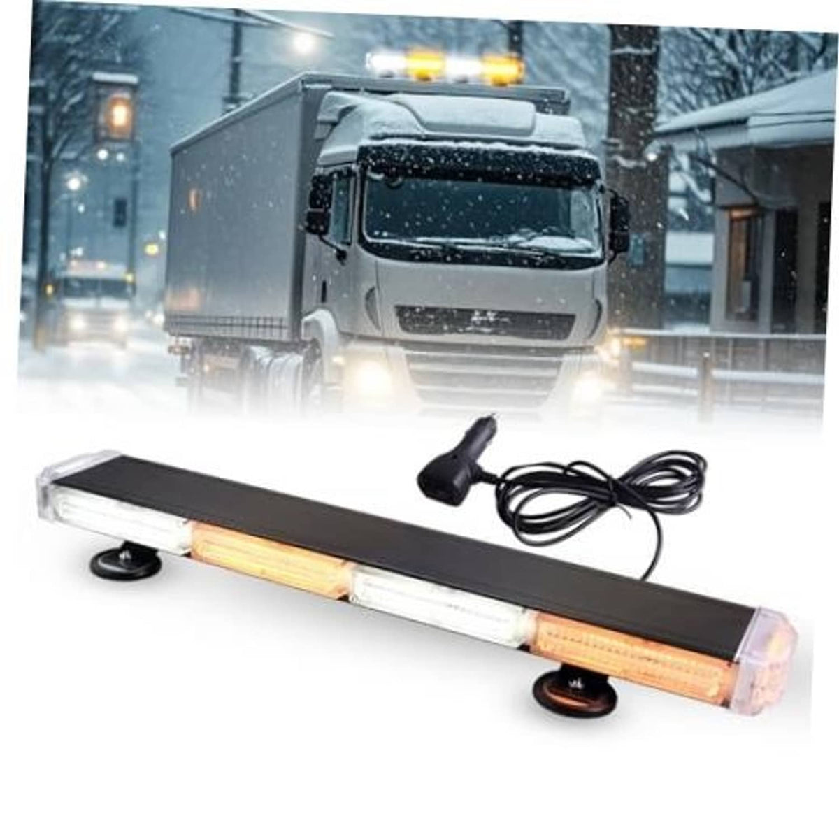 Amber and white LED strobe light bar with clear lenses, black housing, and power cable.