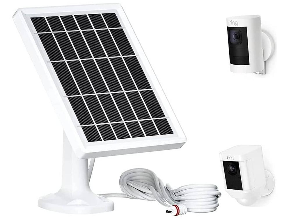 Solar panel charger with built-in stand, power cable, and Ring-style camera mount
