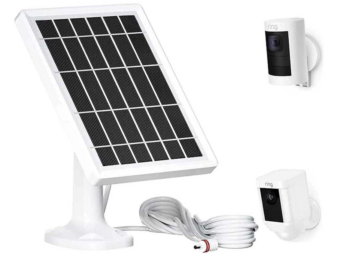 Solar panel charger with built-in stand, power cable, and Ring-style camera mount