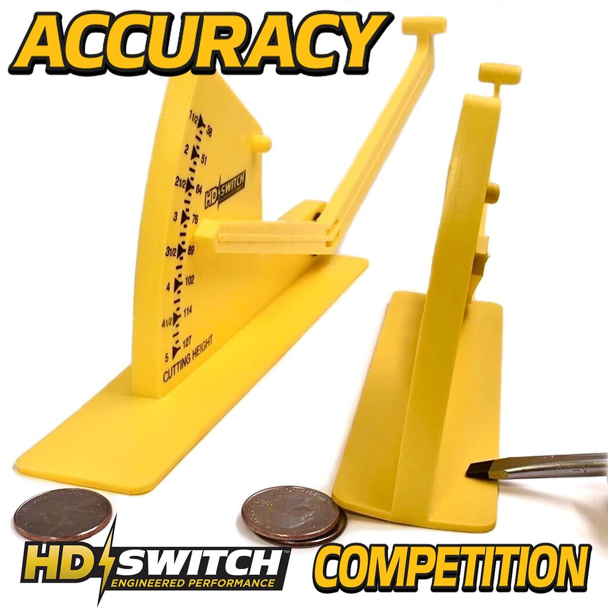 Yellow deck leveling tool with height scale plate and extended rigid base