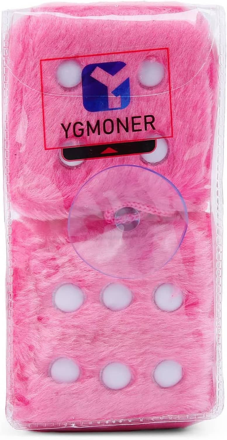 Packaged pink plush dice with YGMONER logo, clear sleeve with hanging loop strings